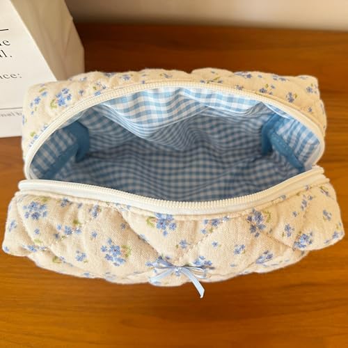 Cotton Quilted Makeup Bag Coquette Accessories Make up Bag Organizer Cute Floral Cosmetic Pouch Travel Makeup Bag for Women (Blue floral)