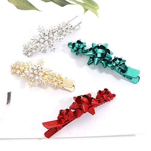 4pcs Christmas Hair Clips for Women Girls Xmas Present Bow Hair Pins Crystal Christmas Snowflake Hair Barrettes Holiday Jewelry Ornament New Year Gift