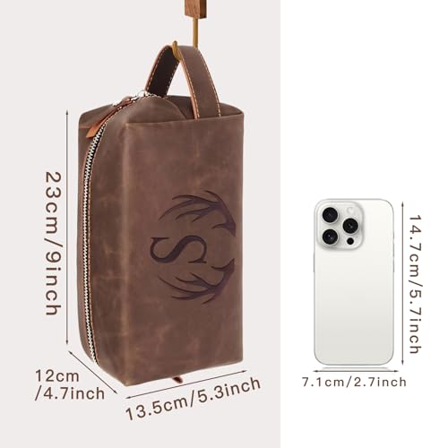 Unique Fathers Day Birthday Gifts Engraved Initial Travel Toiletry Bag for Men Personalized PU Leather Waterproof Shaving Bag for Toiletries Accessories Travel Essentials for Him (J)