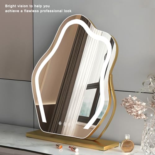 Cloud-Shaped Makeup Mirror with Lights,NO Assembly Required,Painted Gold/Black, 3 Color Modes, Touch Controls, 360¡Æ Rotation, 10X Magnifier (Painted Gold)