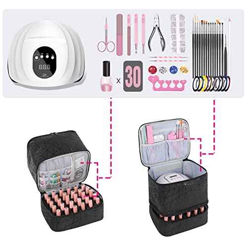 Nail Polish Storage Organizer Double Layer Gel Nail Polish Bag for Nail Dryer UV Light Carrying Case Holds 30 Bottles Travel Portable Compartment Bag for Manicure Supplies, Black (BAG ONLY)