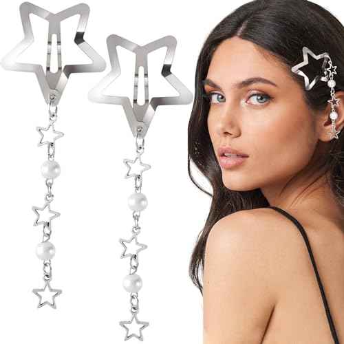 2pcs Star Pearl Snap Hair Clips, y2k Silver Hair Barrettes Cute Tassel Metal Hair Pins Wedding Prom Hair Styling Accessories for Women Girls Gift