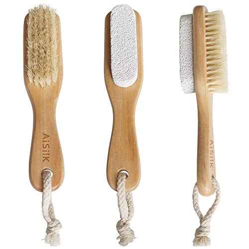 Foot Natural Bristle Brush & Pumice Stone Combo W/Rope wooden handle - Exfoliator Pedicures Calluses Remover - Smoother Body skin, feet, elbow Scrubber for Massage SPA Sauna and more