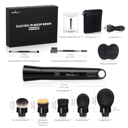360¡Æ Electric Rotating Makeup Brush Set, 5 Vegan Brush Heads, Rechargeable Blending Face Brushes For Foundation, Blush, Powder, Bronzer, Contour, Highlight & Airbrush Finish, Flat Kabuki Brush
