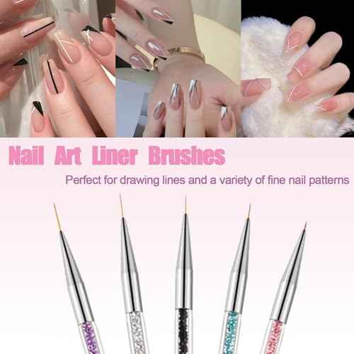 AIBEE Nail Art Brushes, 5pcs Double-Ended Acrylic Nail Brush Set with 5/7/10/12/15mm Nail Liner Brushes and Dotting Pens for French Nails