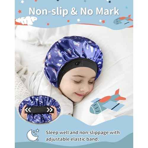 Kids Bonnet, Soft Silk Satin Bonnet for Girls Boys, Double Layer & Wide Elastic Band Kids Sleeping Cap, Adjustable Night Hat for Child Natural Hair Curly Hair (Blue Spaceship)
