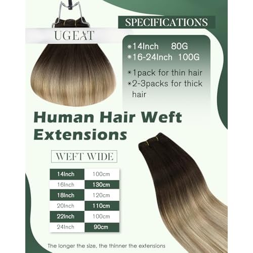 Ugeat 20 Inch Weft Hair Extensions Ombre Brown Sew in Hair Extensions for Women Balayage Chestnut Brown Mix Bleach Blonde Sew in Extensions Real Human Hair Comfort Wear 100G