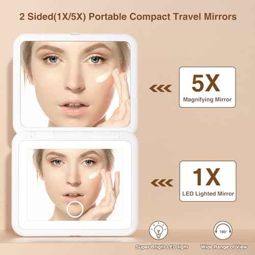 Rechargeable LED Lighted Compact Travel Mirror - 2-Sided Fold Mini Makeup Mirror with 1X/5X Magnification for Purse