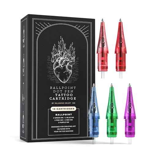 Inlumino Heart Ink Ballpoint Dot Pen Tattoo Cartridges for Tattoo Practice on Paper. 10 0.5mm Tattoo Cartridges for Beginners to Learn How to Tattoo - 2 Pink, 2 Red, 2 Purple, 2 Blue & 2 Green