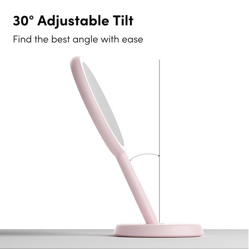 Fancii Cami Handheld Travel Makeup Mirror with Lights, Rechargeable, Extra Large, Double Sided 5X / 1X Magnifying Mirror - 3 Color Lighting, Handheld or Vanity (Strawberry Cream)