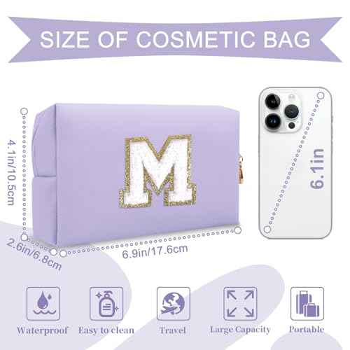 Personalized Makeup Bag Initial A-Z Preppy Patch Bag,Small PU Leather Travel Cosmetic Bag Pouch with Zipper,Purple Cute Toiletry Bag,Gift Ideal for Teen Girls Women Birthday Friend Mom,Latter M