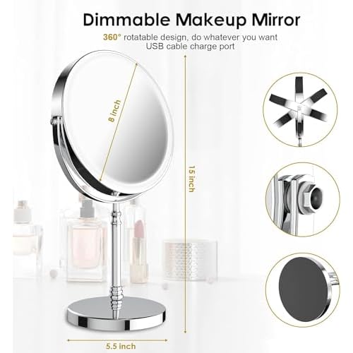 Lighted Makeup Mirror, 3000 mAh Rechargeable Double Sided Magnifying Vanity Mirror with 3 Colors, 1x/10x, 360¡Æ Rotation , Brightness Adjustable Magnification Cosmetic Light up Mirror, Women Gift