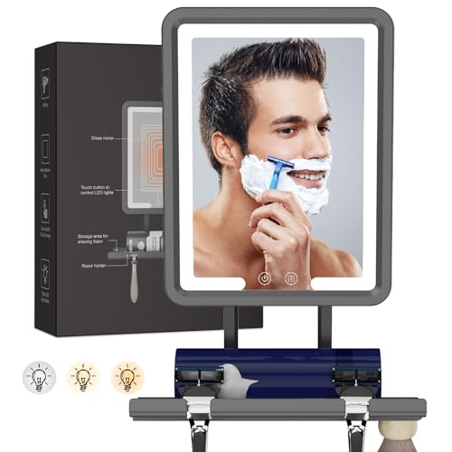 LED Fogless Shower Mirror for Shaving - Heated Fog Free, 3 Dimmable Lights, 360¡Æ Adjustable, Rechargeable - with Storage Tray, Razor & Shaving Brush Holders, Gifts for Men