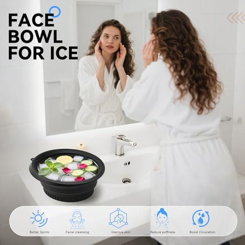 Face Bowl for Ice with Built-in Icetray, Foldable Silicone Facial Plunge Bowls, for Home Ice Bath Washbasin, Black