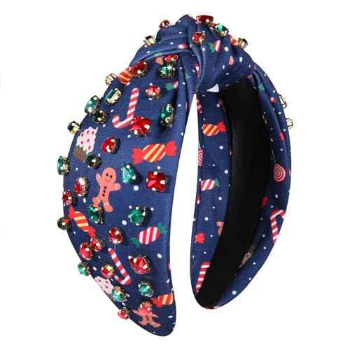 Christmas Headband for Women Christmas Gifts Candy Cane Snowman Knotted Headband Jeweled Crystal Embellished Wide Hairband Xmas Hairhoop Costume Accessories