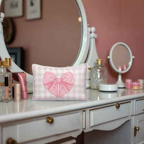10 Pcs Pink Bow Makeup Bag Coquette Pink Bow Cosmetic Bag for Women Bow Themed Travel Zipper Pouch Coquette Party Favor for Birthday Christmas Graduation