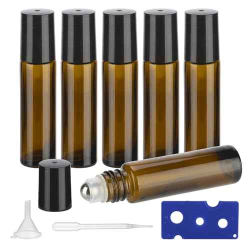 10ML Essential Oil Roller Bottles, 6 Pack Amber Oil Roller Bottles for Essential Oils, Roll on Bottle with Stainless Steel Balls(6 Labels, Opener, Funnel, Dropper Included)