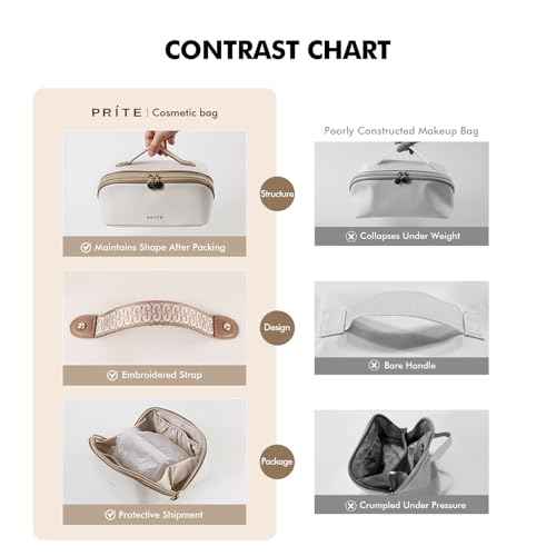 Prite Makeup Bag for Women Travel Waterproof Vegan Leather Cosmetic Bag Open Flat Toiletry Bag With Clear Divider and Handle (Large Beige)