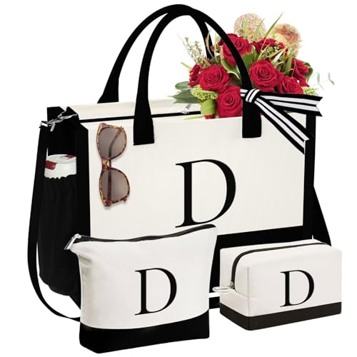 YOOLIFE Initial Canvas Tote Bag & Makeup Bag, Birthday Gifts for Women Mom Sister Friends, Bridesmaid Wedding Gifts