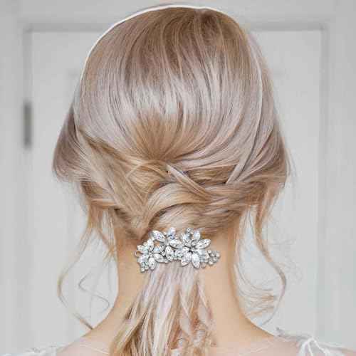 2 Pcs Rhinestone Hair Clips Silver Bride Wedding Hair Barrettes Crystal Flower Hair Accessories French Rhinestone Star Bridal Hairpins Hair Decorative for Women Girls Prom Jewelry Long Thick Ha