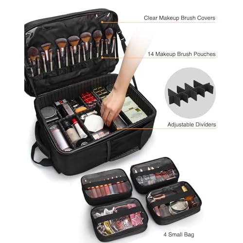 TANTO Makeup Backpack Makeup Artist Bag Professional Extra Large Cosmetic Bag Travel Train Case Storage Organizer Double-Layer Large Capacity Cosmetic Case with 4 Pouch(Black)