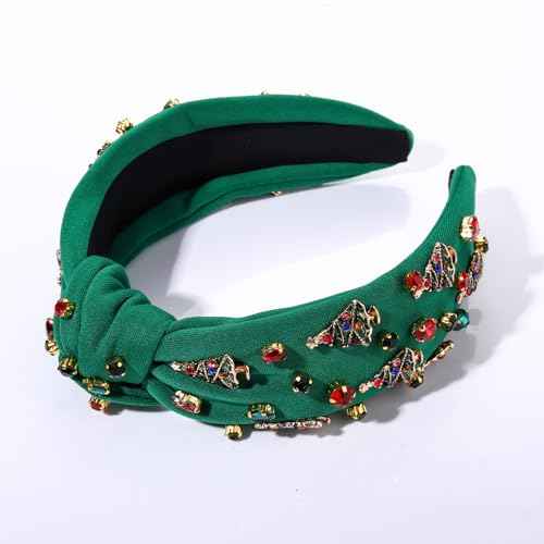 2PCS Christmas Headband for Women - Xmas Bow & Tree Knotted Headband with Red Green Crystal Pearl Jeweled Top Knot - Festive Holiday Hair Accessories - Party Gifts
