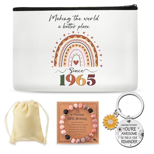60th Birthday Gifts for women, 1965 60 Year Old Birthday Decorations Makeup Bag with Natural Stone Bracelet and Keychain, Gift Ideas for Woman, Her, Grandma, Mom, Wife, Sister, Teacher