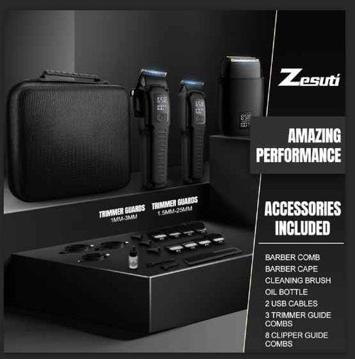 Zesuti Professional Barber Hair Clippers Trimmer Shaver Set for Men,Cordless Hair Cutting Kit & Zero Gap T-Blade Trimmer & 8500 RPM Electric Shaver Combo with EVA Case,Mens Gift