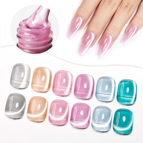 Moonlight Cat Eye Gel Nail Polish, 6 Colors Magnetic Nail Polish Gel Glass Ceramic Cateye Effects with Magnetic Stick High Glossy Shine Effect Nail Art Manicure Home DIY for Women Girl