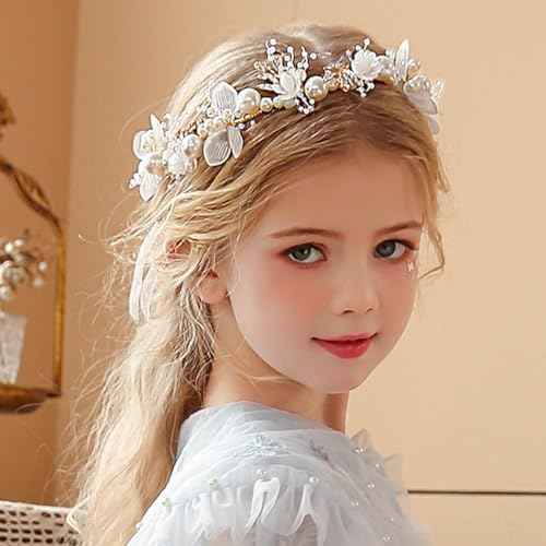 Foyte Crystal Flower Girl Headpiece Leaf Wedding Headband Princess Headpieces Rhinestone Floral Hair Vines Communion Pearl Hair Accessories for Women (Pearl)