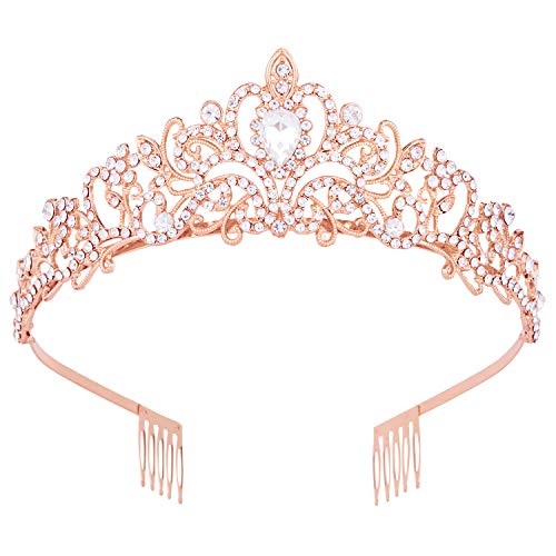 Crowns for Women, Rose Gold Tiara Crystal Rhinestone Hair Accessories for Princess Queen Ladies Little Girls Adult Bridal Bride Birthday Wedding Pageant Prom Halloween Costume Party with Combs