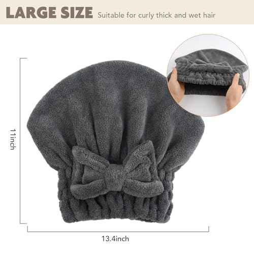 SUNLAND Large Microfiber Hair Drying Caps with Bow knot Fast Drying Shower Cap Soft and Absorbent hairWrap Hair Turban Bath Caps for Curly Thick and wet Hair 11 X 13.4 inch 2 Pack Dgrey