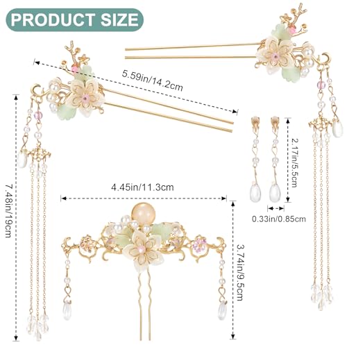 5PCS Orchid Flower Tassels Hairpin, Crystal Rhinestone Pearl Hair Clips Headpiece Retro Chinese Hanfu Floral Wedding Brides Hair Accessories Jewelry for Women Girls Updo Long Hair
