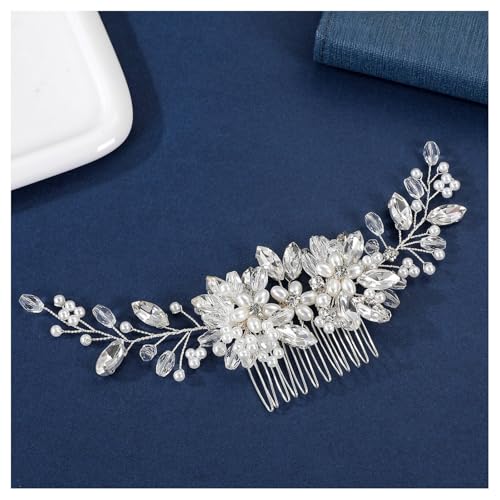 Bride Flower Pearl Wedding Hair Comb for Women and Girls,Floral Bridal Hair Piece Crystal Side Combs Wedding Party Hair Pin Accessories (Silver)