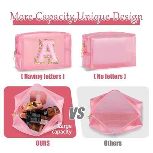 Clear Makeup Bag for Women - Small Personalized Initial Cosmetic Bags A-Z Chenille Letter Make up Pouch Waterproof Toiletry Bag Travel Accessories Gifts for Women Christmas Gifts (Pink Z)