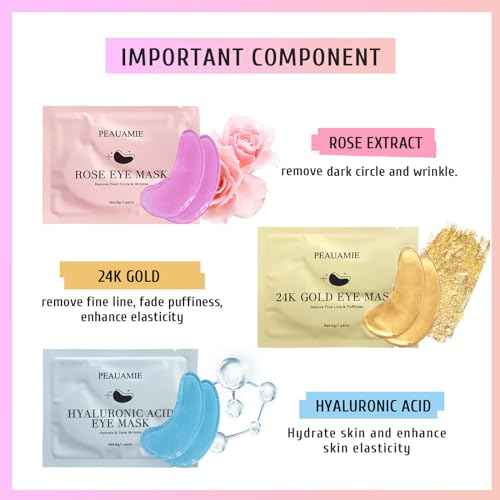 Under Eye Patches Gold and Hyaluronic Acid for puffy eyes,Rose Eye Masks for Dark Circles and Puffiness skin care Smooth Wrinkles products 30 Pairs
