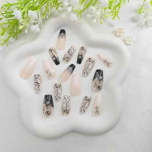 Medium Press on Nails Coffin Fake Nails with Black Floral Designs Light White Nude Acrylic Nails Fall Winter Nails Press ons Glossy Glue on Nails Daily Wear Natural Stick on Nails for Women 24Pcs