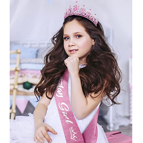 SuPoo Pink Birthday Crown and Sash Kit - Tiara With Rhinestones, Metal Crown With Comb, Glitter Sash, Crystal Headband, Princess Tiaras for Girls - Happy Birthday Decorations