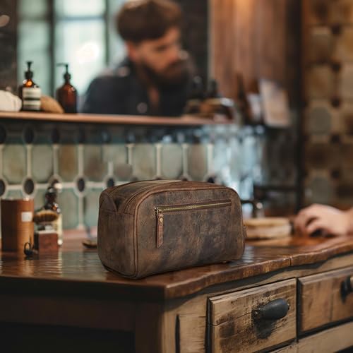 LEATHER VILLAGE Premium Leather Toiletry Travel Pouch With Waterproof Lining - Brown | King-Size Handcrafted Vintage Dopp Kit Bag