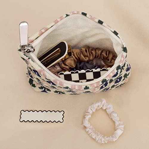 Small Makeup Bag Blue Floral Mini Makeup Zipper Pouch Coin Purse Corduroy Makeup Bag Small Cosmetic Bag for Purse Essentials Items Girl Women Aesthetic Stuff