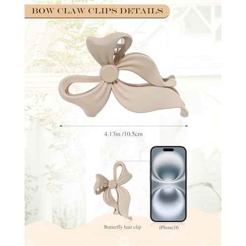 4 PCS Bow Hair Clips Bow Claw Clip for Women, Large Hair Claw Clips for Thin Thick Long Hair Cute Nonslip Bows (Black+Grey+Dark Brown+Light Brown)