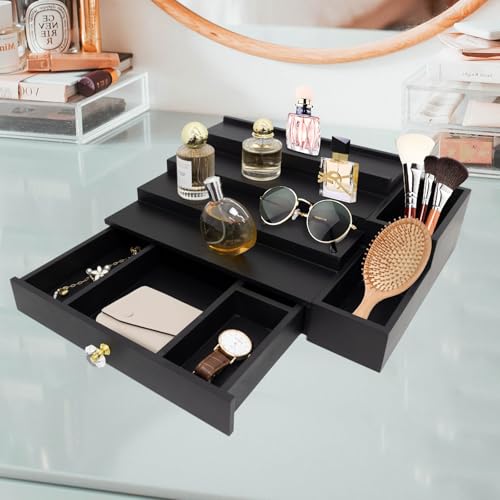 4 Tier Wood Cologne Organizer Stand for Men Wooden Black Perfume Shelf Fragrance Display Risers with Drawer Hidden Compartment Cologne Holder Wood Dresser