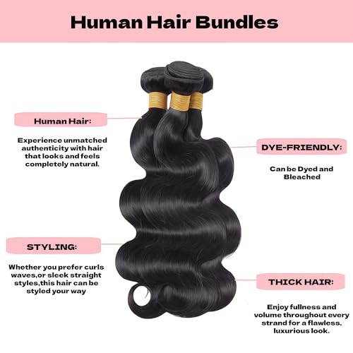 Human Hair Bundles Body Wave 24 26 28 Inch Body Wave Human Hair Weave 3 Bundles Silky Hair Bundles Brazilian 3 Bundles Human Hair Extensions for Women Deals Natural Black Bundles
