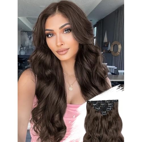 KooKaStyle Clip in Hair Extensions for Women with Thinning Hair£¬7PCS 20 Inch Thick Long Wavy Hair Extensions Clip Ins£¬Chocolate Brown with Dark Brown Synthetic Hairpiece for Daily Use Voluminous Look