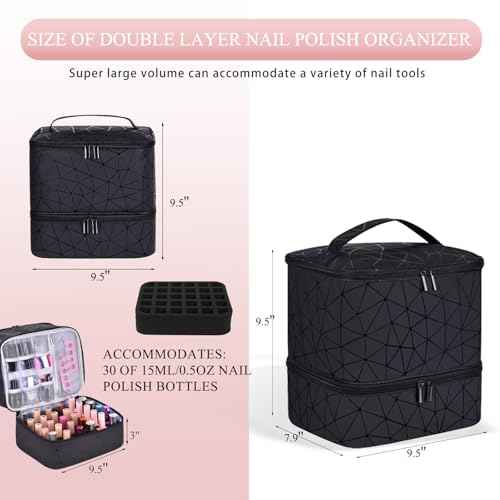 PU Leather Nail Polish Organizer, Double Layer Nail Polish Storage Holds 30 Bottles (15ml/0.5fl.oz) & Nail Lamp, Portable Nail Bag Organizer Case for Nail Tech Travel & Manicure Kit