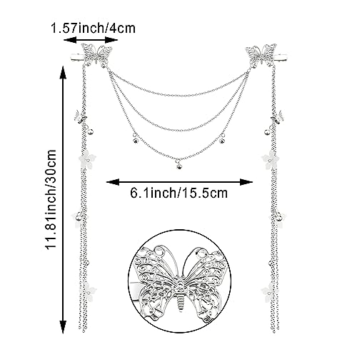 2 PACK Silver Wedding Butterfly Flower Headband Boho Head Chain Tassel Headband for Women Sparkly Rhinestone Fake Earrings Hair Accessories for Women and Girls
