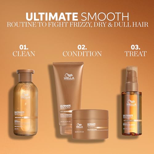 Wella Professionals ULTIMATE SMOOTH Shampoo 8.4 Fl Oz. + Conditioner 6.7 Fl Oz. + Miracle Oil Serum Travel Size - 1 Fl Oz. | For Dry, Dull & Frizzy Hair | With Squalane & Omega 9