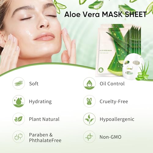 Aloe Vera Face Masks Sheet for Women,Moisturizes Facial Masks Oil Control,Hydrates, Soothes,Home Spa Facial Sheet Mask For All The Skin£¨6Pack£©