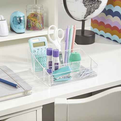 STORi Clear Plastic Small Countertop Vanity Makeup Organizer, Compact Rectangular 4-Compartment Holder for Brushes, Eyeshadow Palettes, & Beauty Supplies, Made in USA