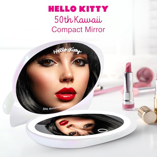 Impressions Vanity Hello Kitty Kawaii Lighted Compact Mirror for Purses, Double Sided Travel Makeup Mirror with 2X Magnification, Adjustable LED Lighting and Soft Touch Switch (Iridescent)
